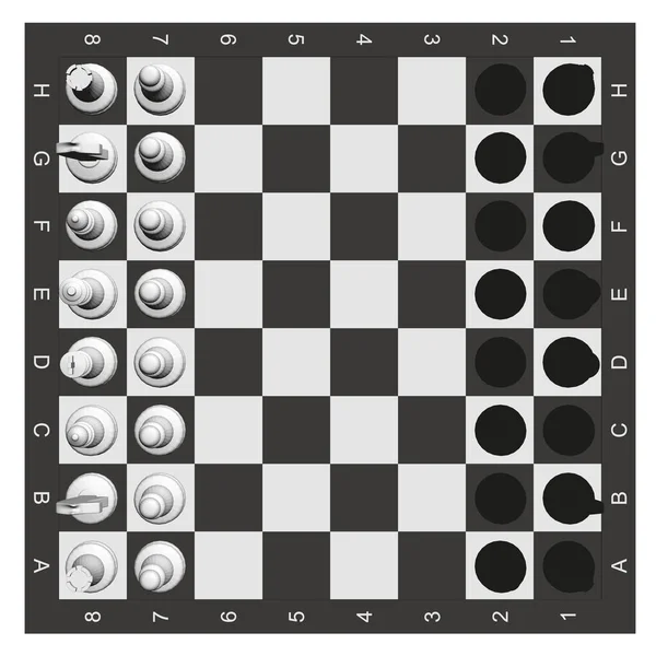 Schackpjäser på schackbräde isolerade på vit bakgrund. Utsikt uppifrån. 3D. Vektorillustration — Stock vektor