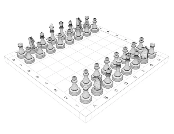 Wireframe av schackpjäser på ett schackbräde från svarta linjer isolerade på vit bakgrund. Isometrisk vy. 3D. Vektorillustration — Stock vektor