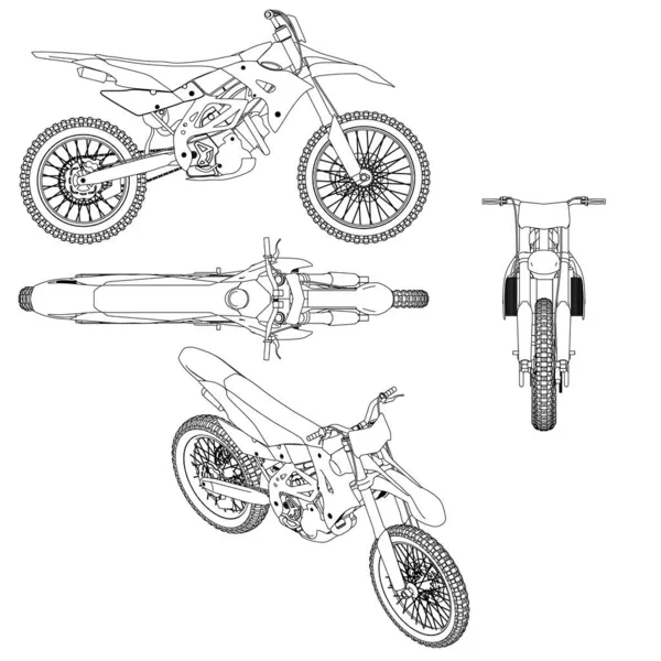 Zestaw z konturami off-road cross motocykla z czarnych linii izolowanych na białym tle. Z boku, z przodu, z góry, widok izometryczny. Ilustracja wektora — Wektor stockowy