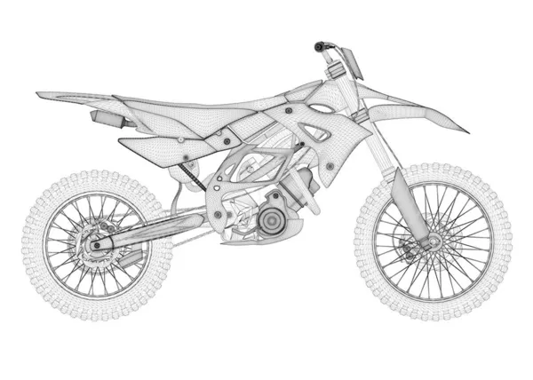 Wireframe de motocicleta cruzada todoterreno de líneas negras aisladas sobre fondo blanco. Vista lateral. 3D. Ilustración vectorial — Archivo Imágenes Vectoriales