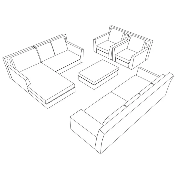 Kontur von Sofa, Sessel und Tisch aus schwarzen Linien isoliert auf weißem Hintergrund. Isometrische Sicht. Vektorillustration — Stockvektor