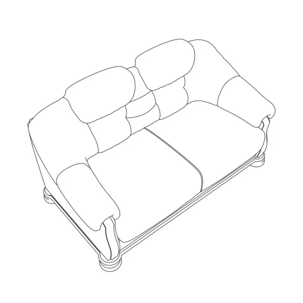 Контур дивана из черных линий изолирован на белом фоне. Изометрический вид. Векторная иллюстрация — стоковый вектор