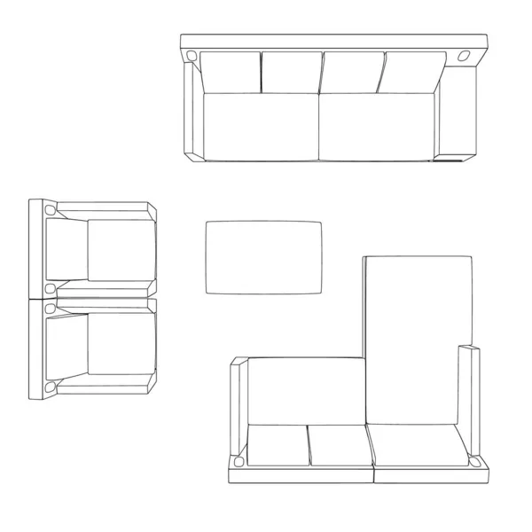 Contorno de sofá, sillón y mesa de líneas negras aisladas sobre fondo blanco. Vista desde arriba. Ilustración vectorial — Vector de stock