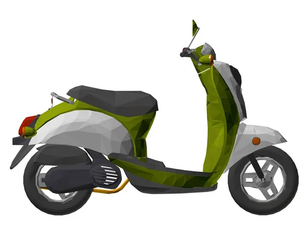 白い背景に隔離された緑の多角形のモータースクーター。サイドビュー。3Dだ。ベクターイラスト — ストックベクタ