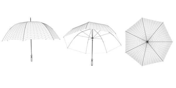 흰 바탕에 검은 선을그어 우산으로 휘감는다. 맨 위, 옆, 맨 아래 시야. 3 차원. 벡터 일러스트 — 스톡 벡터