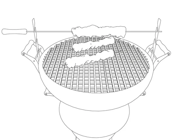 Contorno barbecue con spiedini e spiedini da linee nere isolate su fondo bianco. Vista prospettica. Illustrazione vettoriale — Vettoriale Stock