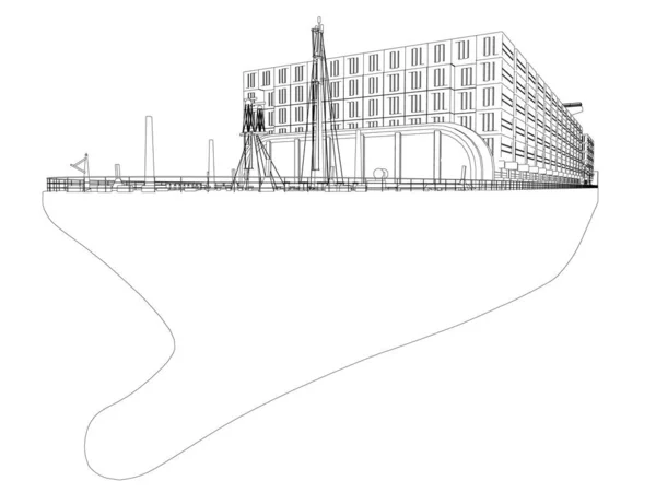 Schets van een groot schip met containers van zwarte lijnen, geïsoleerd op een witte achtergrond. Perspectief uitzicht. Vectorillustratie — Stockvector