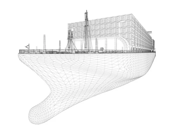 Gran estructura de alambre del barco con contenedores de líneas negras aisladas sobre fondo blanco. Perspectiva. 3D. Ilustración vectorial — Vector de stock