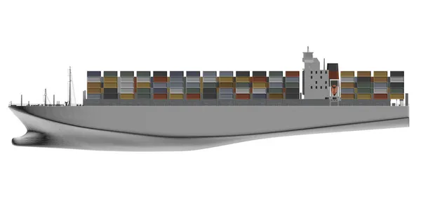 Modelo de un gran barco blanco cargado con contenedores de colores aislados sobre un fondo blanco. Vista lateral. 3D. Ilustración vectorial — Vector de stock