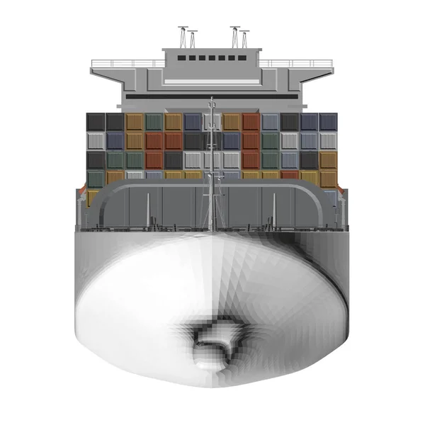 Model van een wit groot schip geladen met kleurrijke containers geïsoleerd op een witte achtergrond. Vooraanzicht. Een 3D. Vectorillustratie — Stockvector