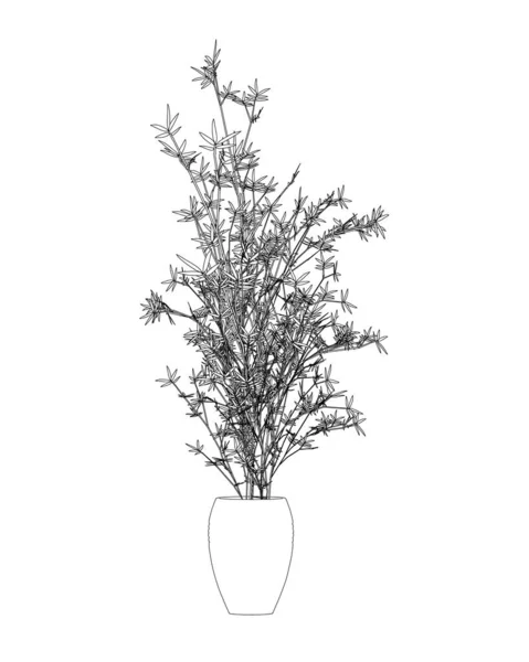 Contorno flor del hogar con tallo largo y hojas en una maceta de líneas negras aisladas sobre fondo blanco. Ilustración vectorial — Vector de stock