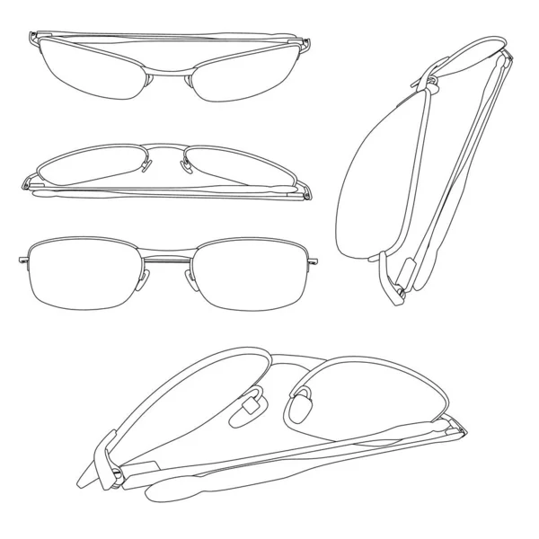 Set con contornos de gafas plegadas en diferentes posiciones de líneas negras, aisladas sobre fondo blanco. Ilustración vectorial — Archivo Imágenes Vectoriales