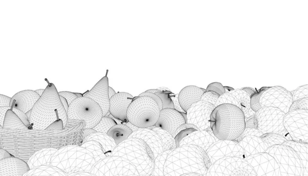Wireframe από ένα σωρό μήλα και αχλάδια, και ένα καλάθι με μαύρες γραμμές που απομονώνονται σε λευκό φόντο. Ιστορικό με μήλα. 3D. Εικονογράφηση διανύσματος — Διανυσματικό Αρχείο