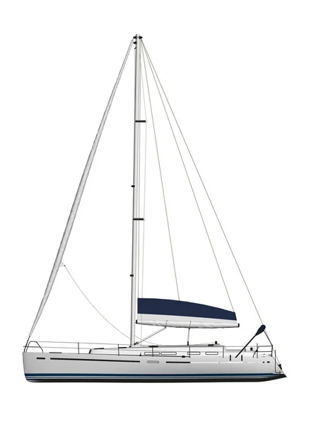 Weißes Yachtmodell mit blauem Segel isoliert auf weißem Hintergrund. Seitenansicht. 3D. Vektorillustration — Stockvektor