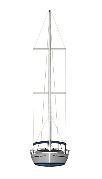 Modelo de yate blanco con vela azul aislada sobre fondo blanco. Vista frontal. 3D. Ilustración vectorial — Archivo Imágenes Vectoriales