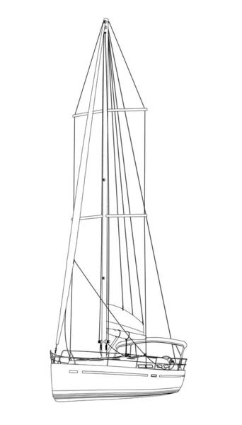 Schets van een jacht met een zeil van zwarte lijnen geïsoleerd op een witte achtergrond. Perspectief uitzicht. Een 3D. Vectorillustratie Vectorbeelden