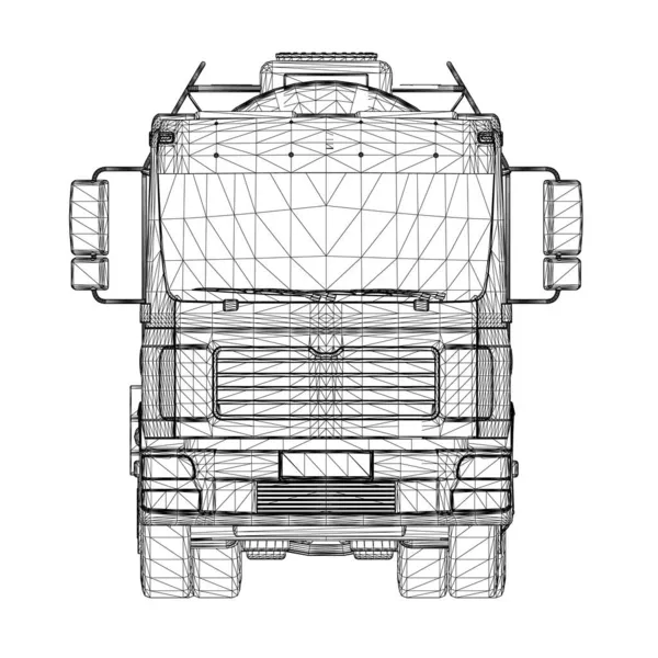 Wireframe van een tankwagen voor het vervoer van benzine uit zwarte lijnen geïsoleerd op een witte achtergrond. Vrachtwagen met tank voor het vervoer van goederen. Vooraanzicht. Een 3D. Vectorillustratie — Stockvector