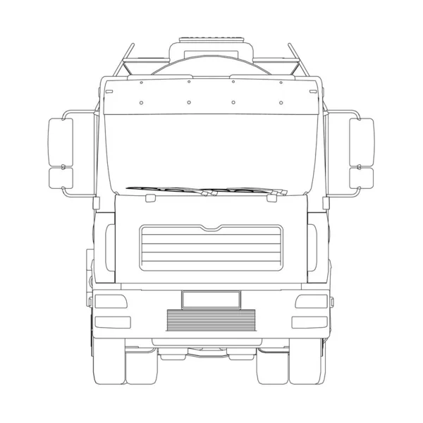 Kontur eines Tanklastwagens für den Transport von Benzin aus schwarzen Linien isoliert auf weißem Hintergrund. LKW mit Tank für den Transport von Gütern. Frontansicht. Vektorillustration — Stockvektor