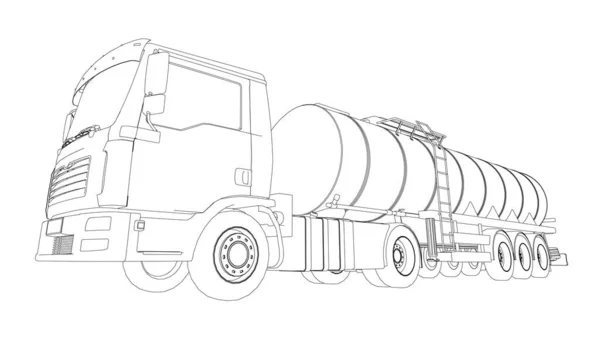 Kontur eines Tanklastwagens für den Transport von Benzin aus schwarzen Linien isoliert auf weißem Hintergrund. LKW mit Tank für den Transport von Gütern. Perspektivischer Blick. Vektorillustration — Stockvektor