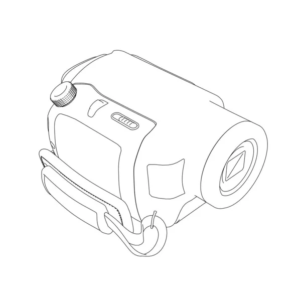 Контур ручної домашньої відеокамери з чорних ліній ізольовано на білому тлі. Ретро цифрова відеокамера. Ізометричний вигляд. Векторні ілюстрації — стоковий вектор