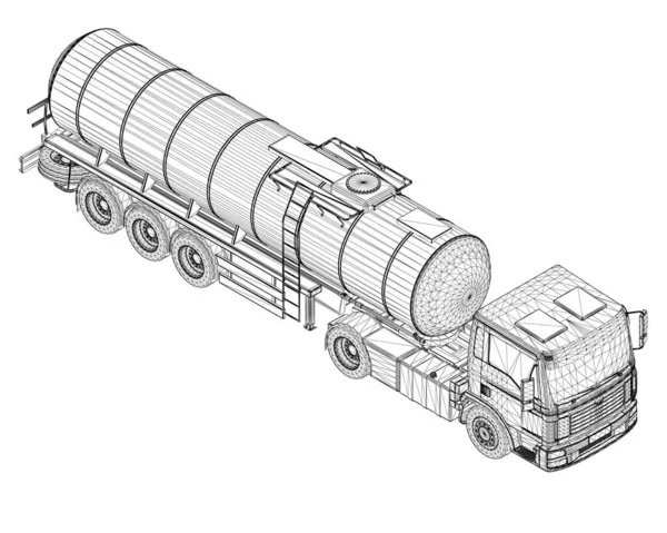 Estructura de un camión cisterna para el transporte de gasolina de líneas negras aisladas sobre fondo blanco. Camión con tanque para el transporte de mercancías. Vista isométrica. 3D. Ilustración vectorial — Archivo Imágenes Vectoriales