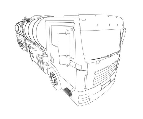 Contorno de um caminhão de tanque de transporte de gasolina de linhas pretas isoladas em um fundo branco. Caminhão com tanque para o transporte de mercadorias. Vista prospectiva. Ilustração vetorial — Vetor de Stock