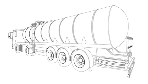 Contour van een tankwagen voor het vervoer van benzine uit zwarte lijnen geïsoleerd op een witte achtergrond. Vrachtwagen met tank voor het vervoer van goederen. Perspectief uitzicht. Vectorillustratie — Stockvector