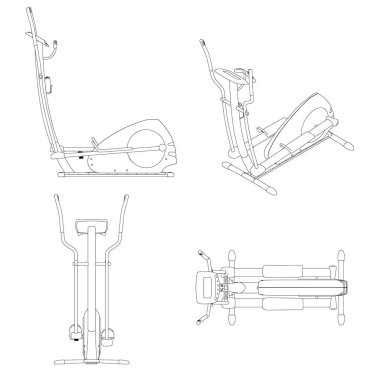 Beyaz arkaplanda izole edilmiş siyah çizgilerden koşu makinesinin hatlarıyla ayarlayın. Ön, yan, izometrik, üst manzara. Vektör illüstrasyonu