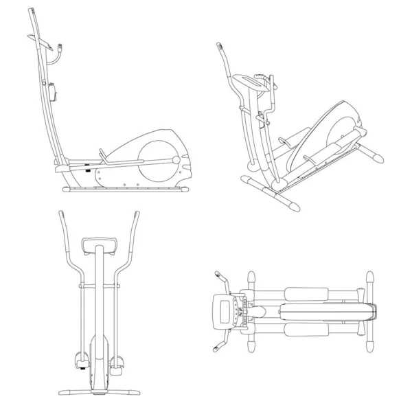 Beyaz arkaplanda izole edilmiş siyah çizgilerden koşu makinesinin hatlarıyla ayarlayın. Ön, yan, izometrik, üst manzara. Vektör illüstrasyonu — Stok Vektör