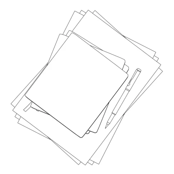 Beyaz arka planda izole edilmiş siyah çizgilerden bir kalem ve kağıtlı bir yığın kitap. Vektör illüstrasyonu — Stok Vektör