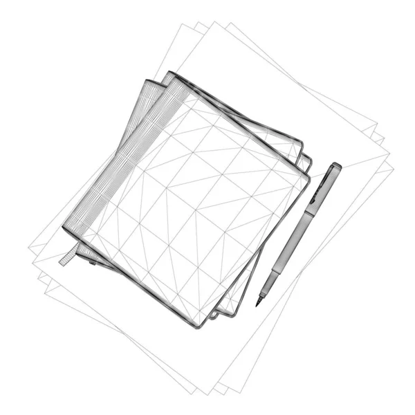Wireframe de pilha de livros com papel e caneta de linhas pretas isoladas em fundo branco. 3D. Ilustração vetorial — Vetor de Stock