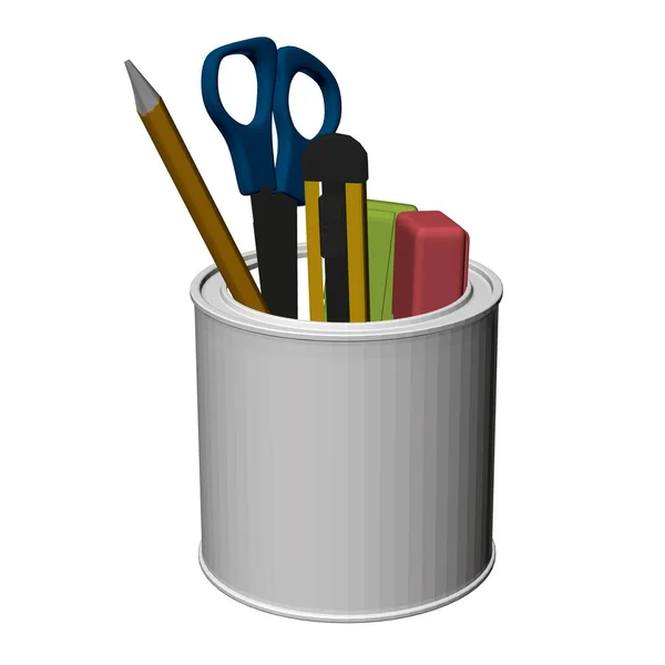 Estuche de lápiz con artículos de oficina aislados sobre fondo blanco. Tijeras, lápices, cuchillos de papelería, llamas. 3D. Ilustración vectorial — Archivo Imágenes Vectoriales