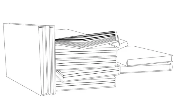 Контур кучи книг из черных линий изолирован на белом фоне. Векторная иллюстрация — стоковый вектор