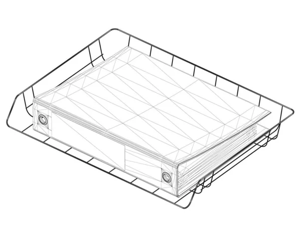 Wireframe de la carpeta de la oficina con los documentos en el estante de líneas negras aisladas en el fondo blanco. Vista isométrica. 3D. Ilustración vectorial — Vector de stock