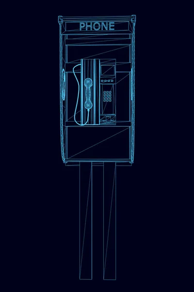 Wireframe ulicznej budki telefonicznej wykonanej z niebieskich linii, odizolowanej na ciemnym tle. Z przodu. 3D. Ilustracja wektora — Wektor stockowy