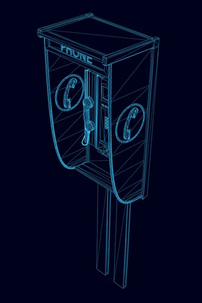Wireframe ulicznej budki telefonicznej wykonanej z niebieskich linii, odizolowanej na ciemnym tle. Widok izometryczny. 3D. Ilustracja wektora — Wektor stockowy