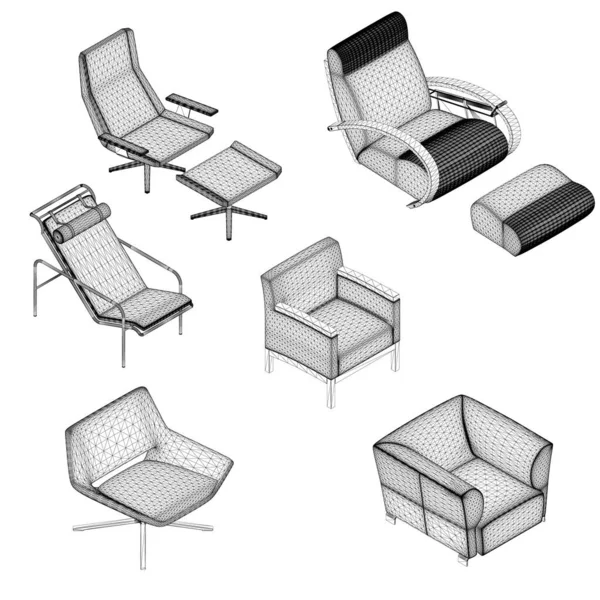 Conjunto de poltronas e cadeiras wireframes de linhas pretas isoladas no fundo branco. Vista isométrica. 3D. Ilustração vetorial — Vetor de Stock