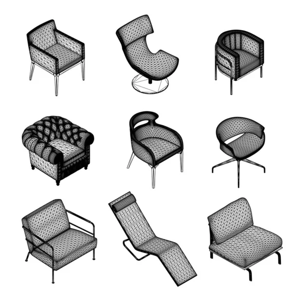 Conjunto de poltronas e cadeiras wireframes de linhas pretas isoladas no fundo branco. Vista isométrica. 3D. Ilustração vetorial — Vetor de Stock