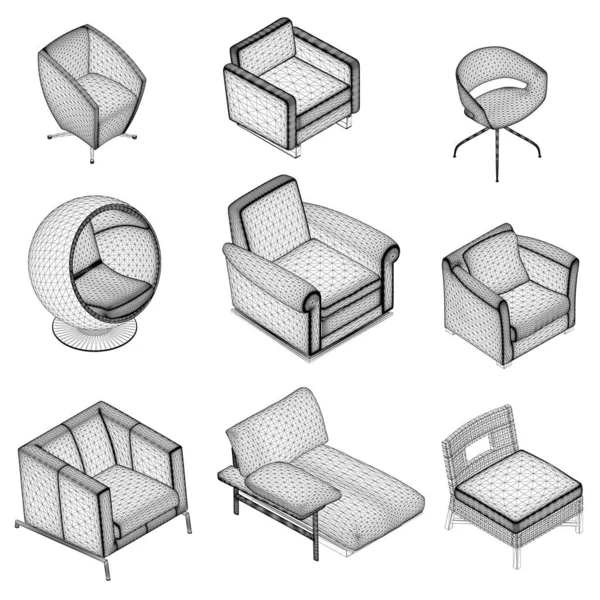 Sada křesel a židlí drátové rámy z černých linií izolovaných na bílém pozadí. Izometrický pohled. 3D. Vektorová ilustrace — Stockový vektor