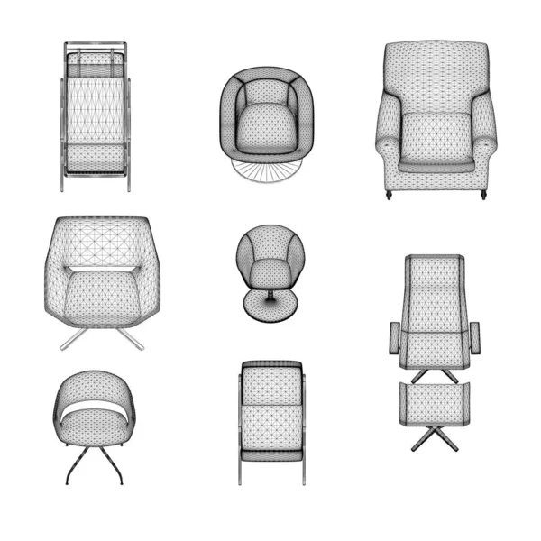 一套扶手椅和椅子与白色背景隔离的黑线相接。前面的景色3D 。矢量说明 — 图库矢量图片