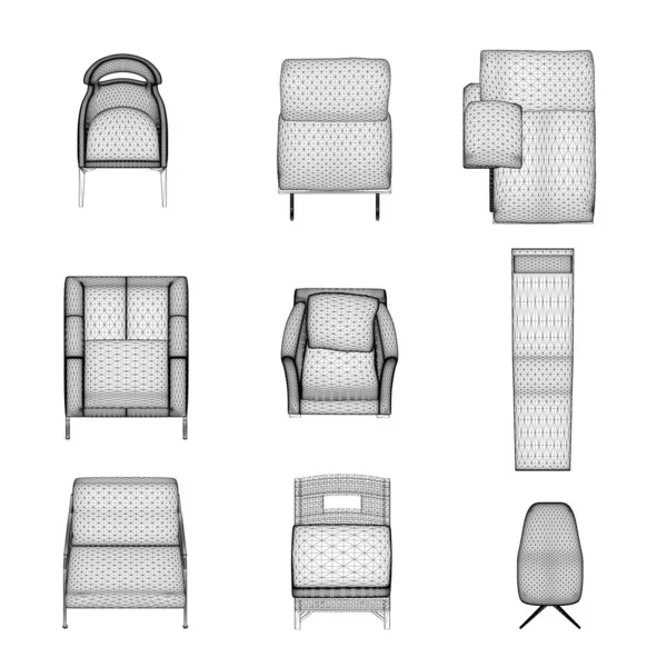 一套扶手椅和椅子与白色背景隔离的黑线相接。前面的景色3D 。矢量说明 — 图库矢量图片