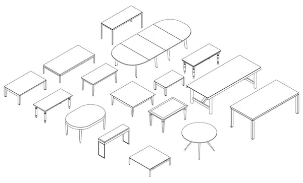 Ensemble avec contours de tables de lignes noires Isolé sur fond blanc. Vue imprenable. 3D. Illustration vectorielle — Image vectorielle