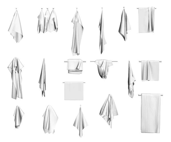 Set con toallas blancas colgadas en una percha aislada sobre un fondo blanco. Vista frontal. 3D. Ilustración vectorial — Vector de stock