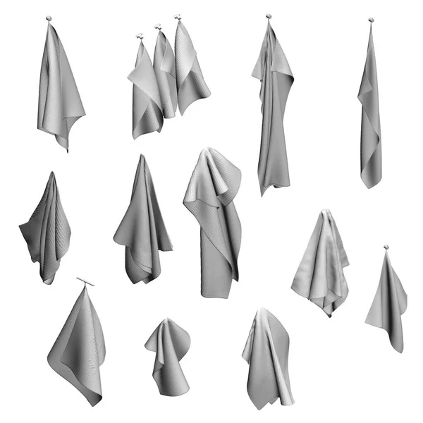Set mit weißen Handtüchern, die an einem Kleiderbügel auf weißem Hintergrund hängen. Isometrische Sicht. 3D. Vektorillustration — Stockvektor