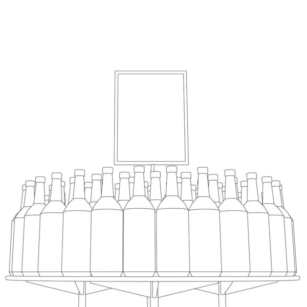 El contorno de un contador circular con muchas botellas. Tienda de bebidas embotelladas. Vista frontal. Ilustración vectorial — Archivo Imágenes Vectoriales