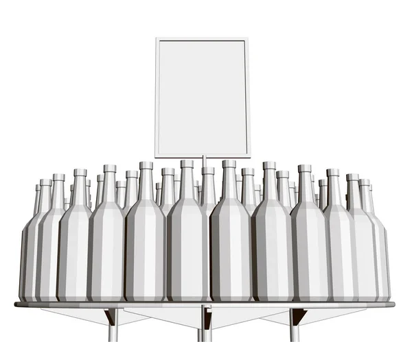 Kreisförmige Theke mit vielen Flaschen auf weißem Hintergrund. Getränkeflaschen lagern an der Theke. Frontansicht. 3D. Vektorillustration — Stockvektor