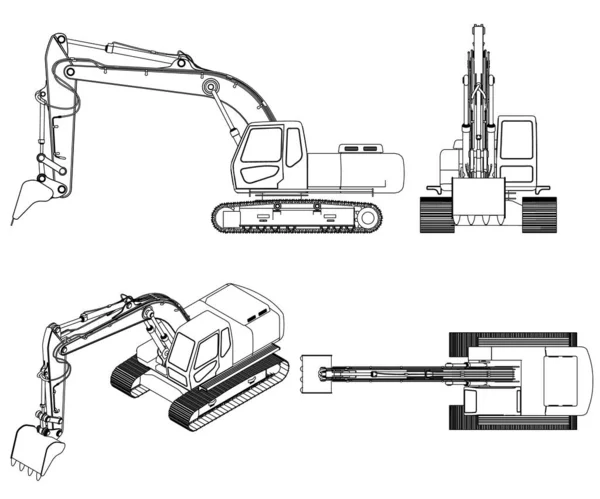 Conjunto con los contornos de la excavadora de líneas negras Aislado sobre fondo blanco. Vista lateral, frontal, superior, isométrica. Ilustración vectorial — Vector de stock