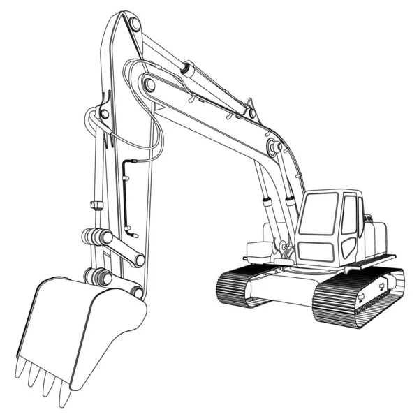 Graafmachine contour van zwarte lijnen geïsoleerd op witte achtergrond. Perspectief uitzicht. Een 3D. Vectorillustratie — Stockvector