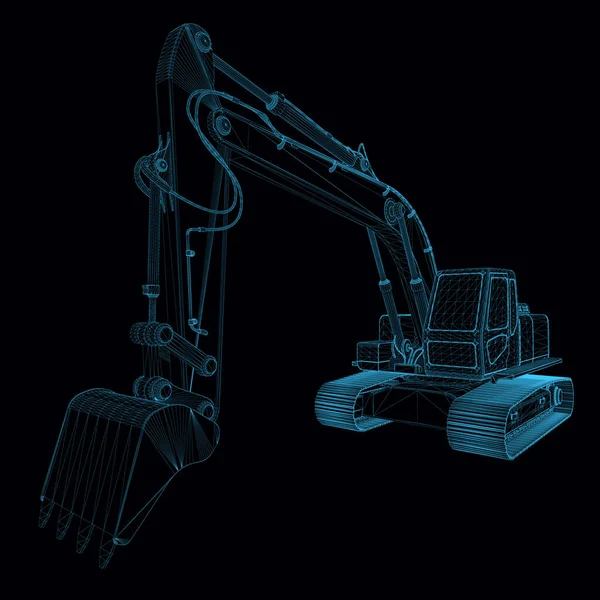 Drahtgestell für Bagger aus blauen Linien isoliert auf dunklem Hintergrund. Perspektivischer Blick. 3D. Vektorillustration — Stockvektor