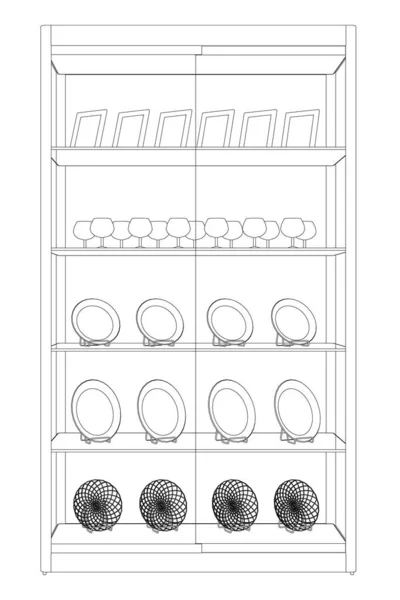 Контур витрины магазина с тарелками и продуктами из черных линий изолирован на белом фоне. Прилавок с кухонной утварью. Вид спереди. Векторная иллюстрация — стоковый вектор